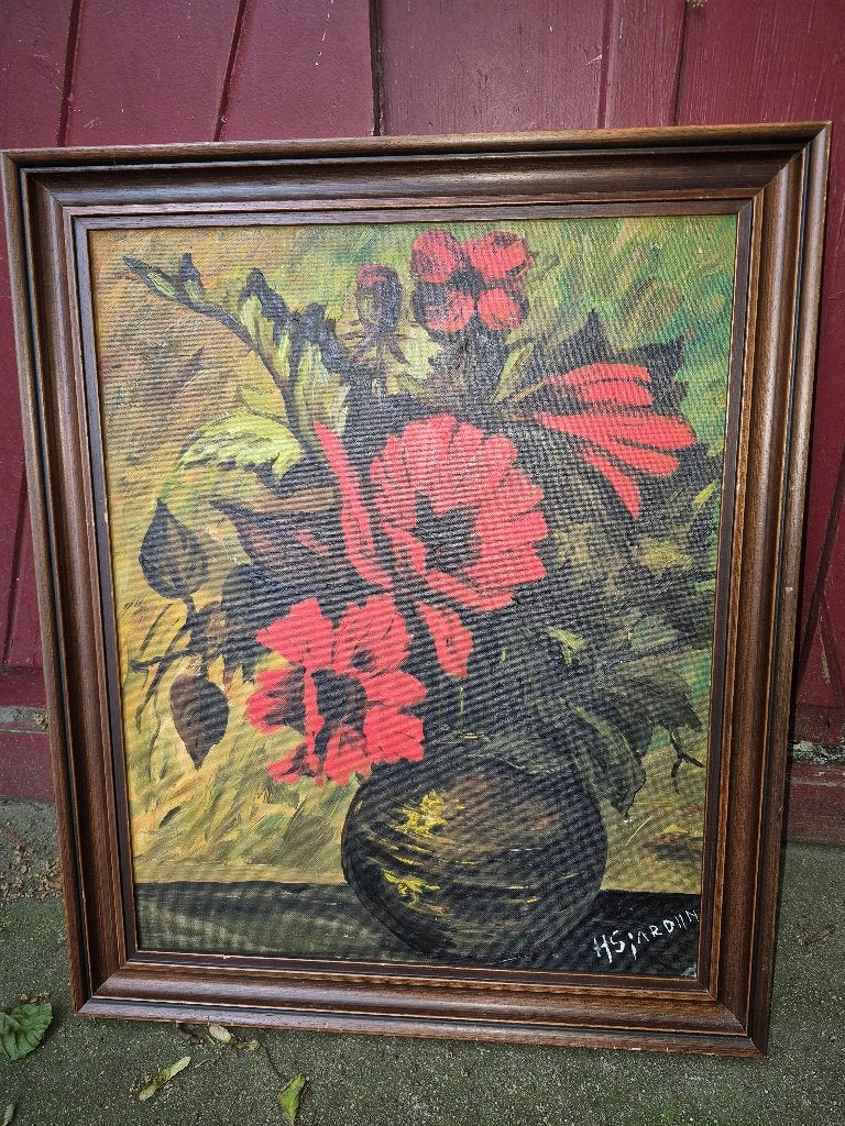 Schilderij bloemenvaas gesigneerd H.S. Jardin, Ophalen, 50 – 75, Gebruikt, Schilderij