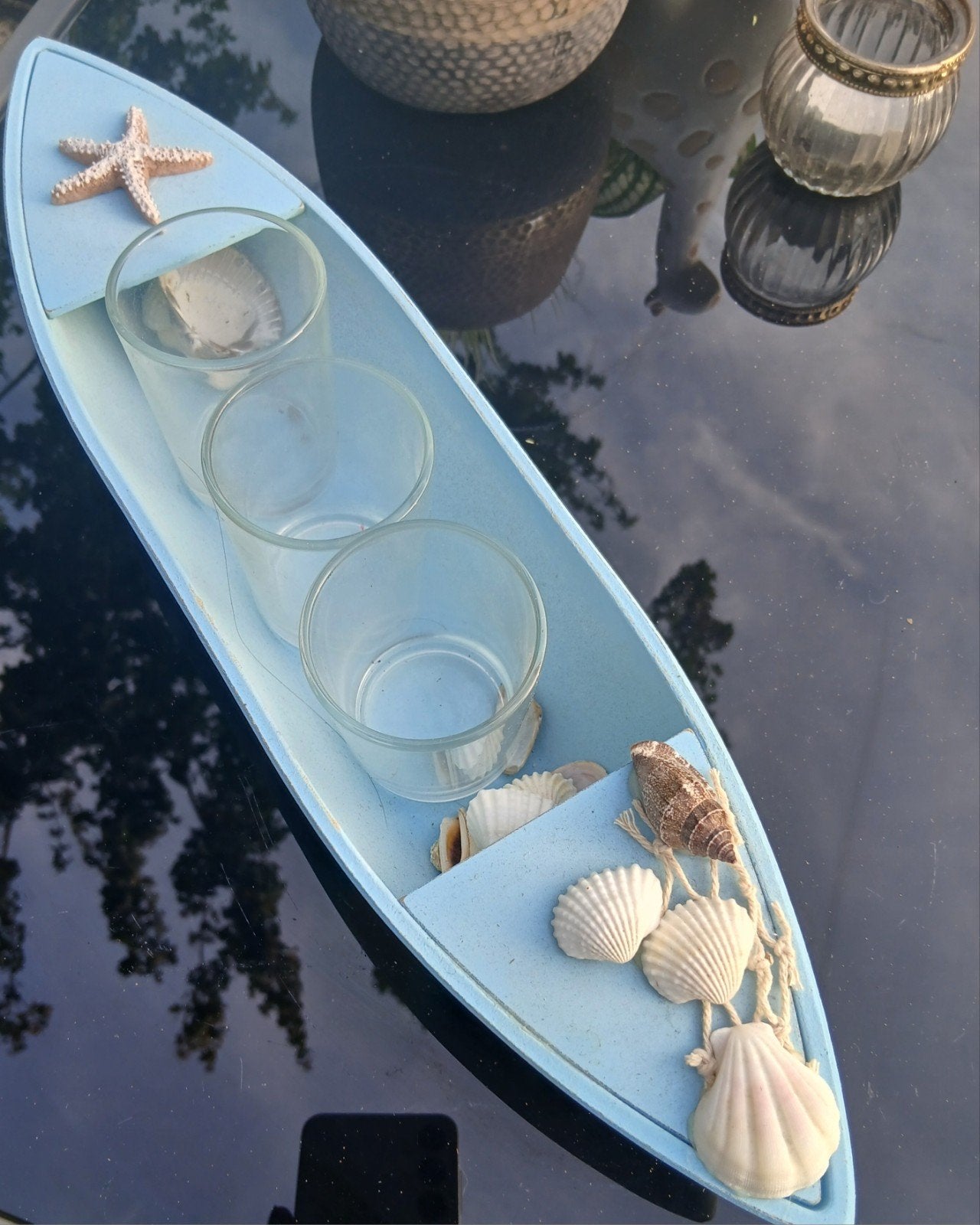 Decoratieve boot met theelichthouders en schelpen, Huis en Inrichting, Hout, Blauw, Mediterraans, Ophalen of Verzenden
