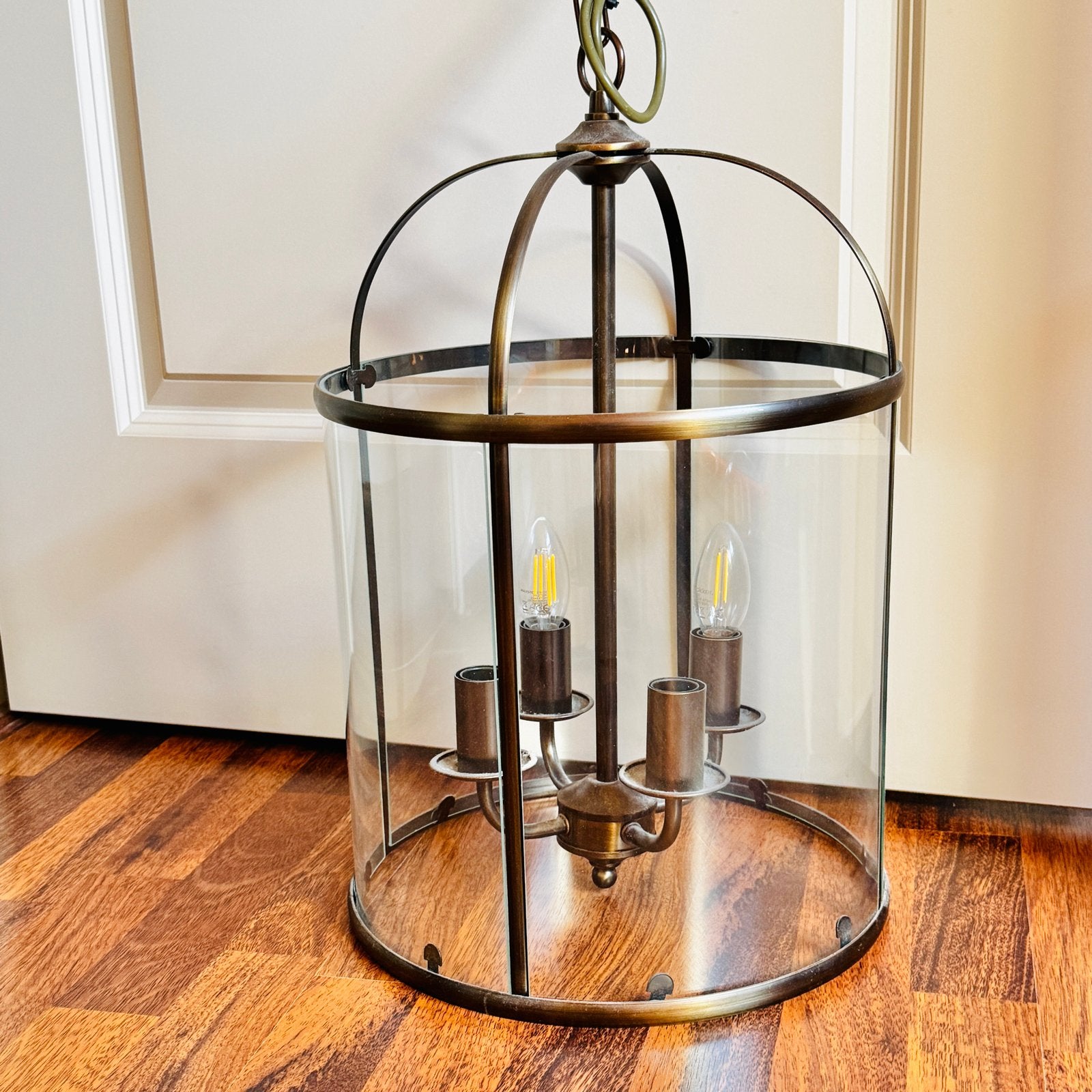 Koperen hanglamp hallamp pimpernel met glazen kap, Ophalen, Gebruikt, Glas, E14 (klein)
