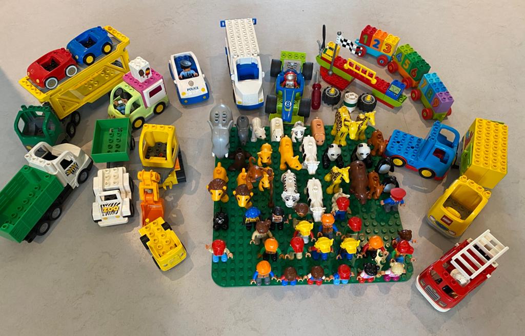Duplo partij, auto’s, trein, dieren, veel blokjes etc, Ophalen, Gebruikt, Duplo