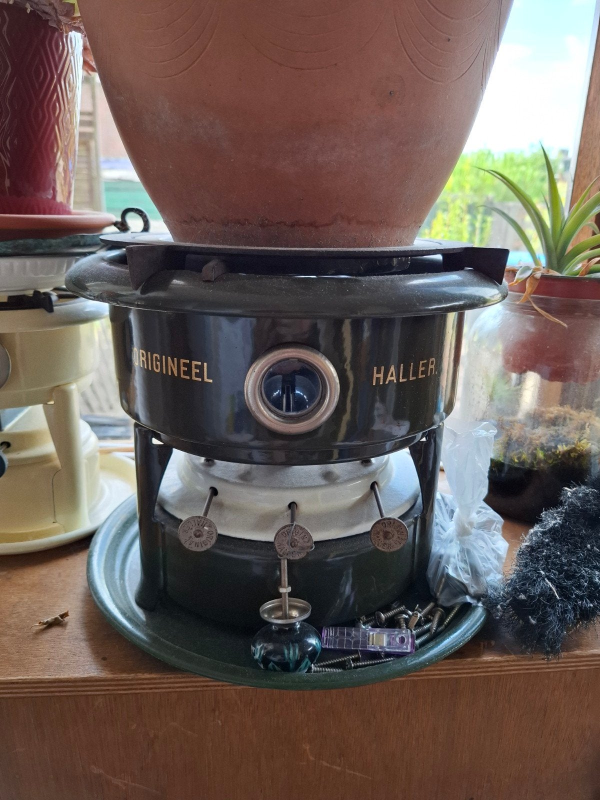 Vintage Origineel Haller petroleumstel - donkergroen emaille, Antiek en Kunst, Ophalen