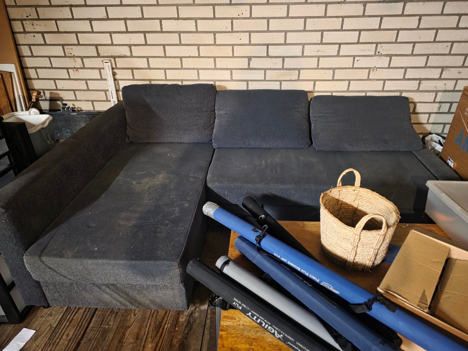 grijze hoekbank, Huis en Inrichting, Ophalen, 250 tot 300 cm, Gebruikt, 125 tot 150 cm