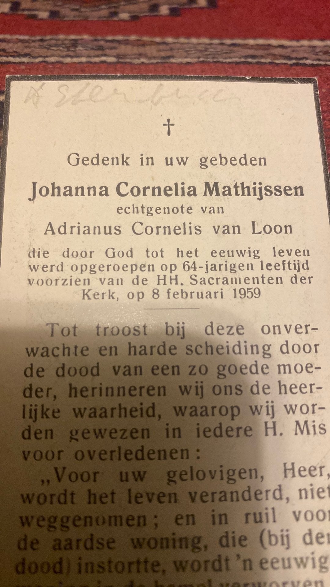 JC van Loon - Mathijssen 1885 Wouw 1959, Ophalen of Verzenden