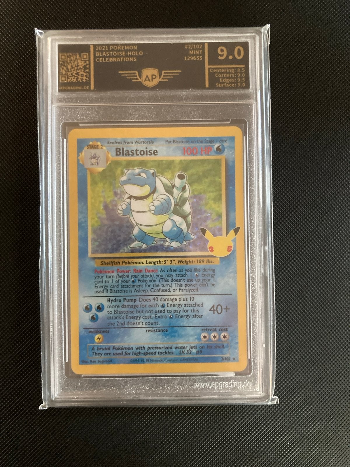 Pokémon Blastoise Holo Celebrations AP Graded 9.0, Ophalen of Verzenden, Zo goed als nieuw, Losse kaart