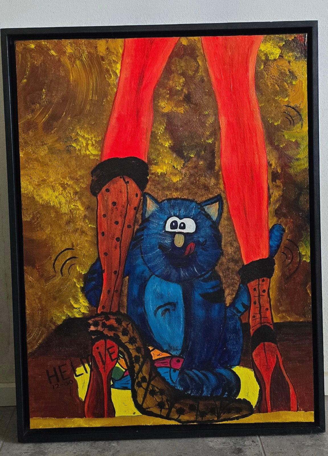 Poes tussen twee sexy benen geschilderd 60x80 cm, Ophalen