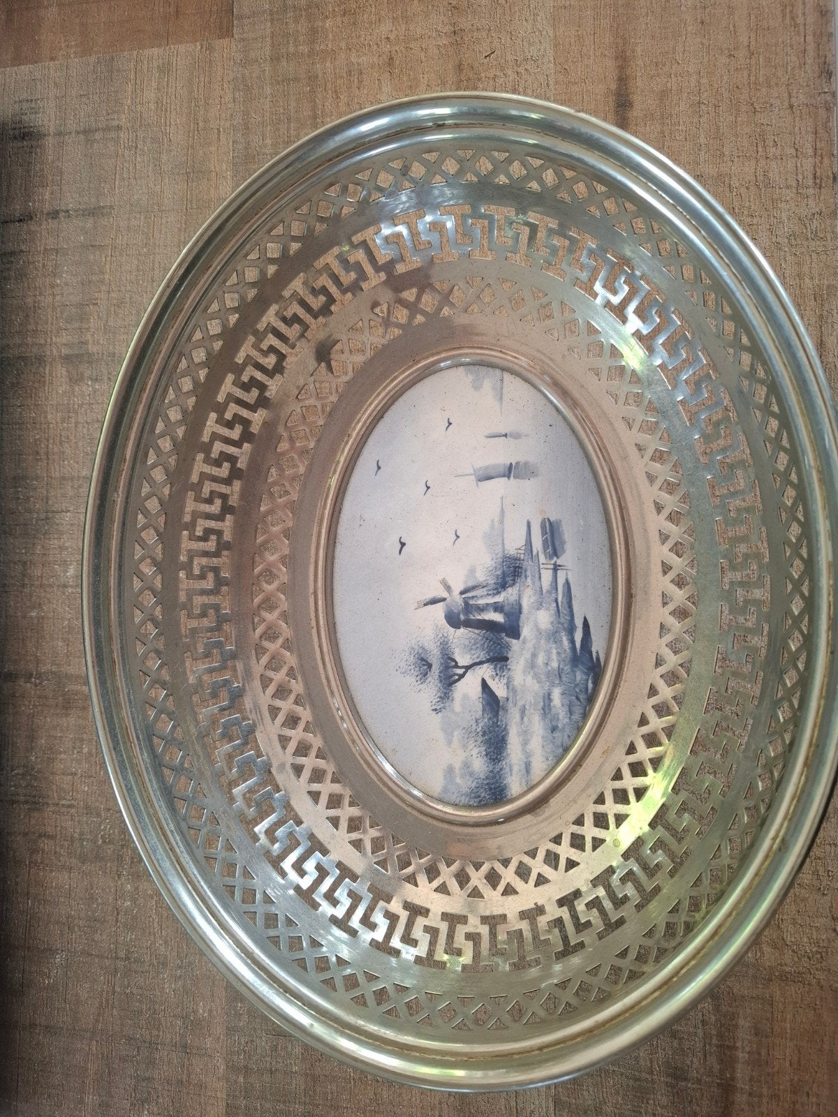 Verzilverde fruitschaal met stenen blad, Delfts blauw decor, Ophalen of Verzenden