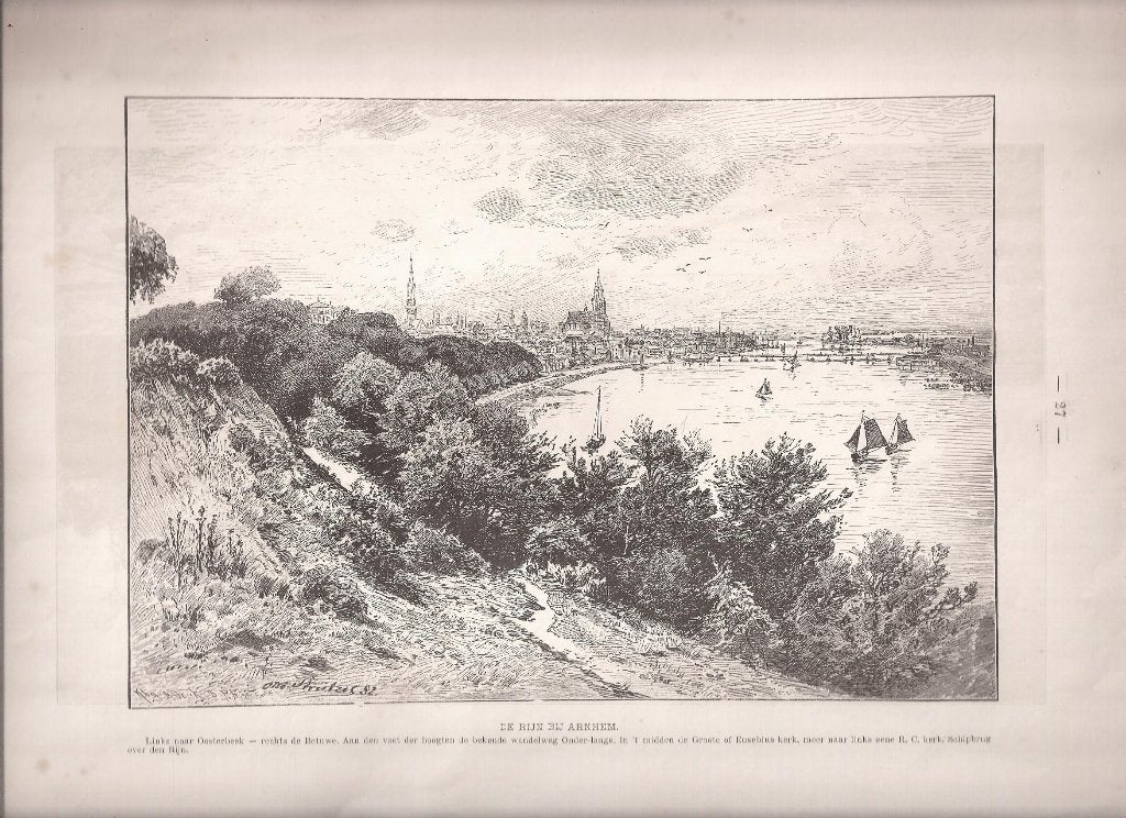 Arnhem. De Rijn bij Arnhem houtgravure 1882, 1800 - 1899, Stadsgezicht, 23 cm, Ophalen of Verzenden