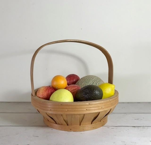 Vintage Franse spaan houten ronde mand met hengsel, Mand, Rond, Ophalen of Verzenden, Zo goed als nieuw