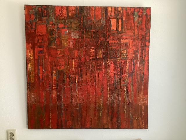 Rood olieverfschilderij 100x100cm, Antiek en Kunst, Kunst | Schilderijen | Klassiek, Ophalen