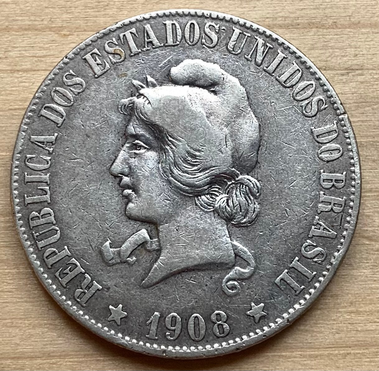 Brazilië 2000 Reis 1908 zilver, Postzegels en Munten, Munten | Amerika, Zuid-Amerika, Zilver, Ophalen of Verzenden