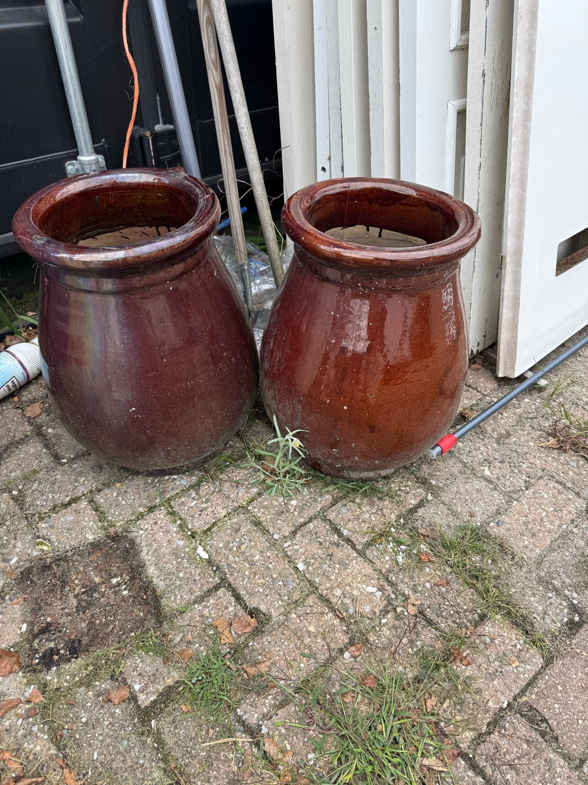 Set van 2 grote bruine geglazuurde bloempotten, Ophalen, Gebruikt, 40 cm of meer, Rond