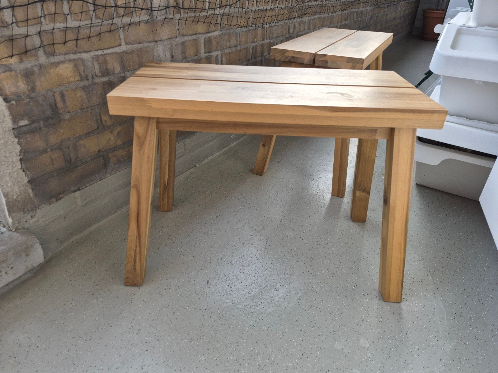 Ikea Skogsta - Houten bankjes / bijzettafel, Ophalen, Gebruikt, Rechthoekig, Minder dan 50 cm