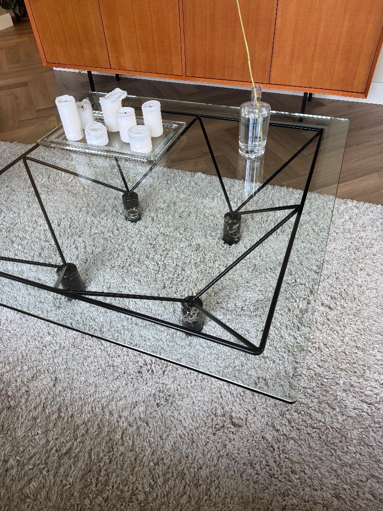 Glazen salontafel met metalen onderstel en marmeren poten, Ophalen, Glas, Zo goed als nieuw, Alanda