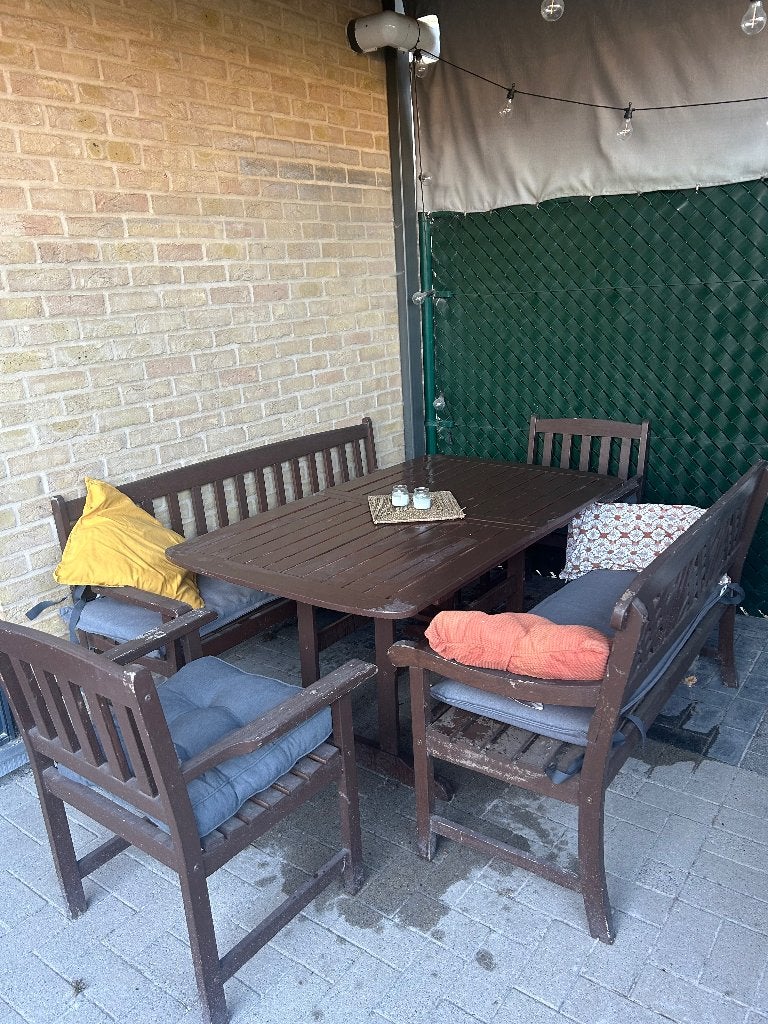Tuinset + zitkussens, Ophalen, Gebruikt, Rechthoekig, Hout