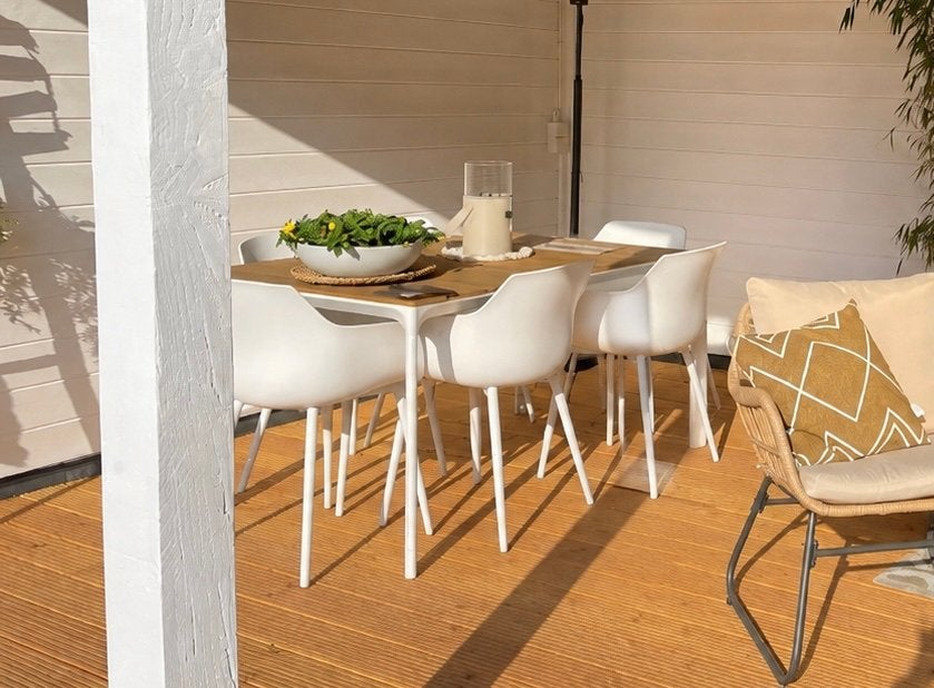 Tuinset met 6 heerlijk zittende Paco tuinstoelen, Ophalen, Kunststof, 6 zitplaatsen, Zo goed als nieuw