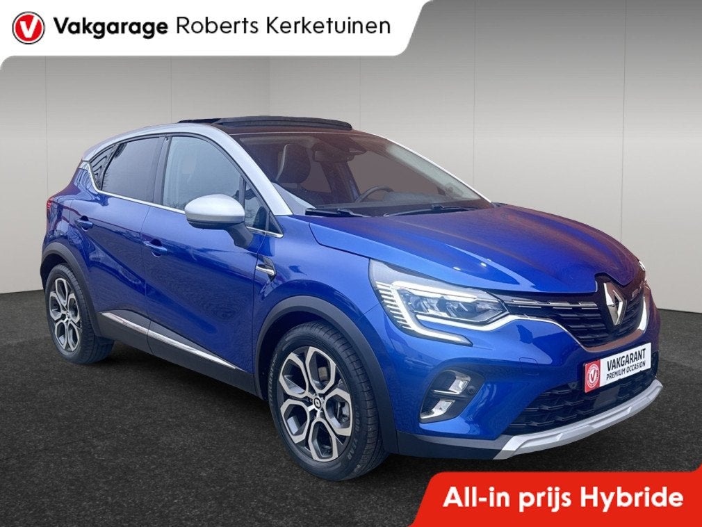 Renault Captur 1.6 E-Tech Hybride 145 Intens Panorama Schuif, Gebruikt, Blauw, Leder en Stof, Bedrijf