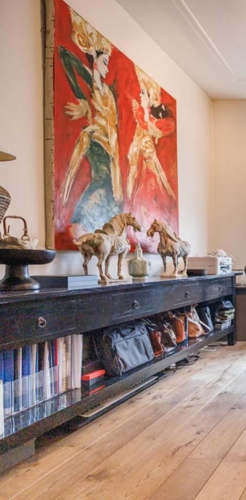 Prachtige zwarte teakhouten sidetable van 3 meter!, Huis en Inrichting, Ophalen, Gebruikt, Teakhout, 200 cm of meer
