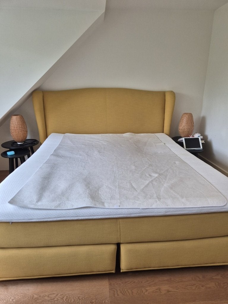 Mosterdgele king size boxspring 180 x 200 cm, Ophalen, Gebruikt, Overige kleuren, Tweepersoons
