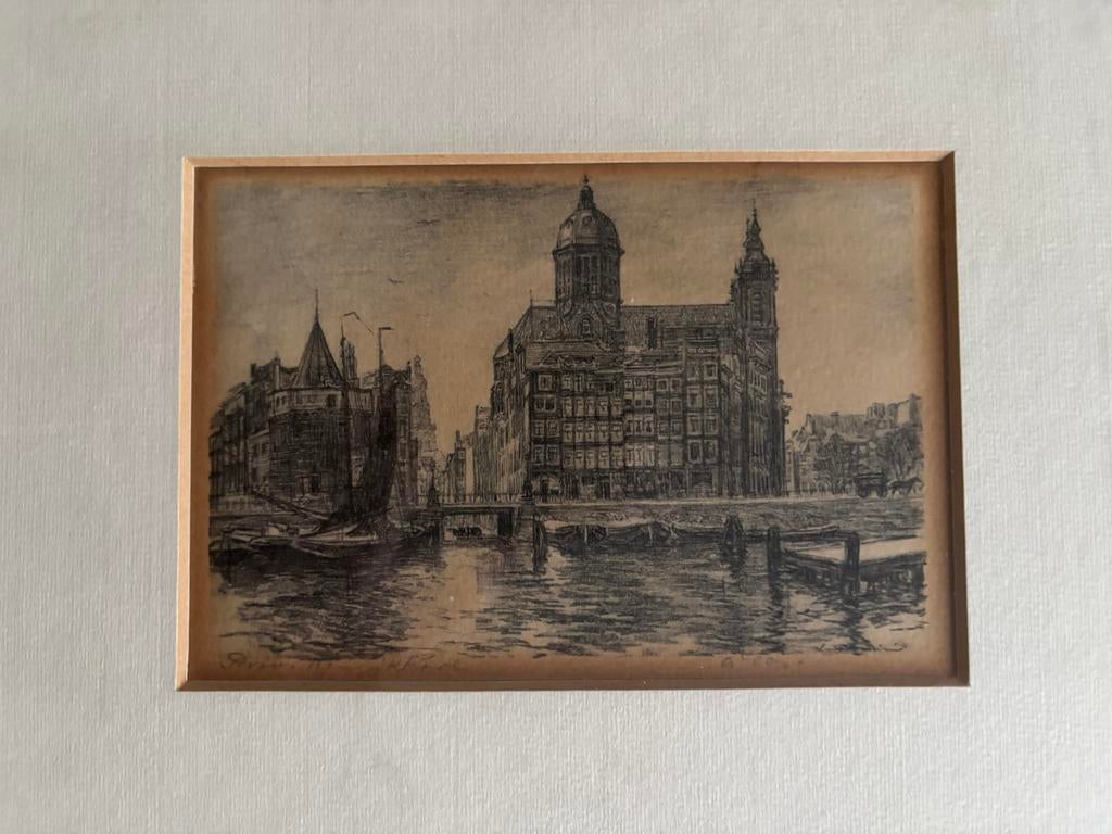 Louis Landre : 2 ingelijste etsen Amsterdam, Antiek en Kunst, Ets, Stadsgezicht, 9 cm, Ophalen of Verzenden