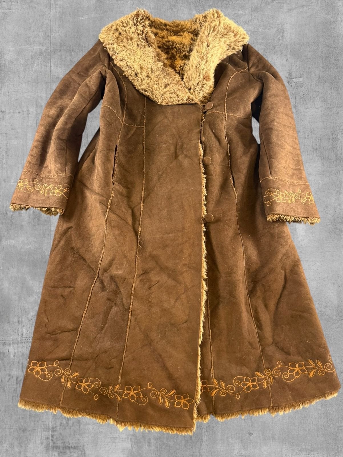 Vintage Dressing Afghaanse jas bruin print dames maat M, Maat 38/40 (M), Bayline Vintage Trading, Bruin, Verzenden