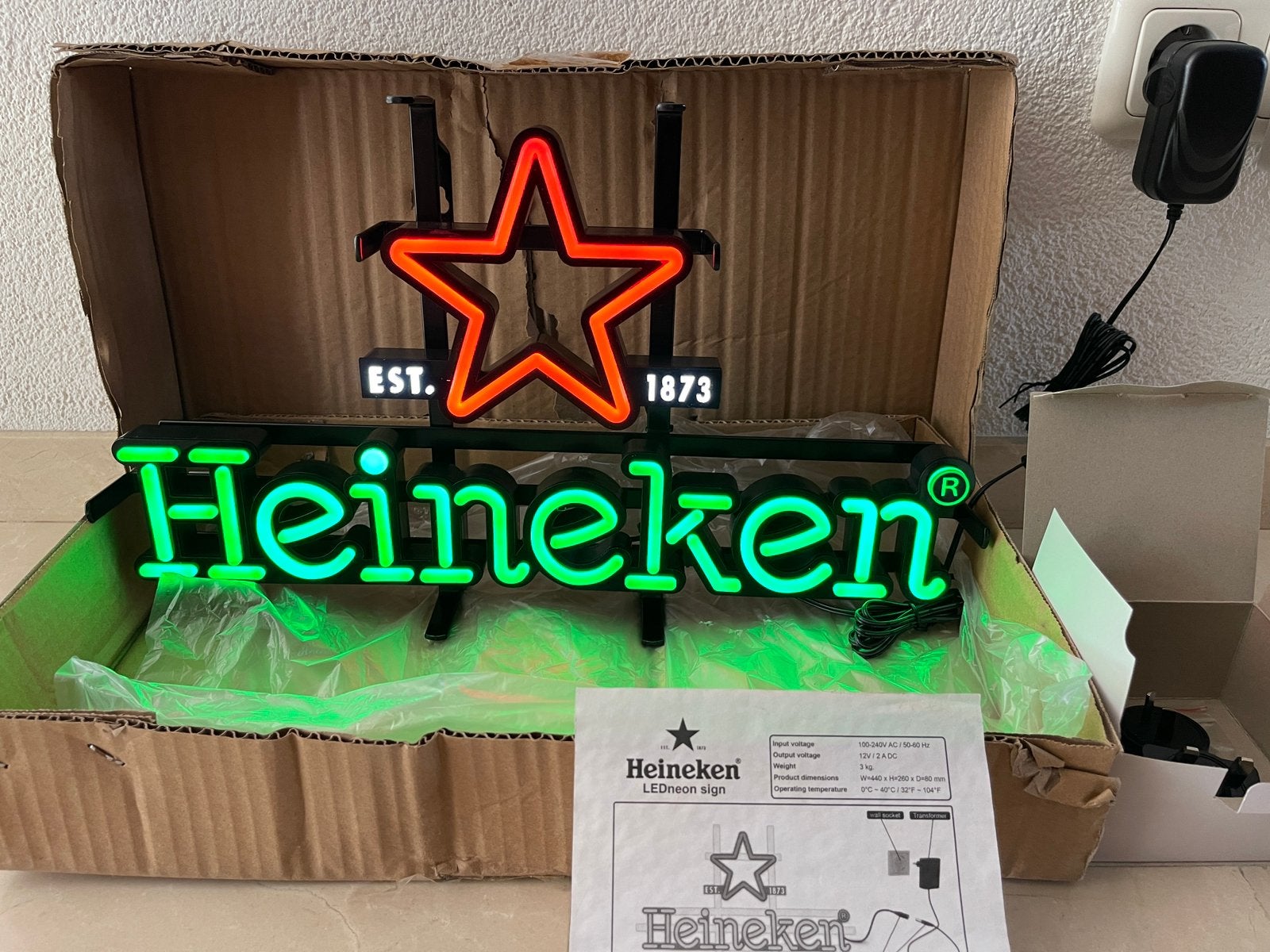 HEINEKEN (NEON Look) verlichting. (45cm x 26cm)., Ophalen, Nieuw, Reclamebord, Plaat of Schild, Heineken