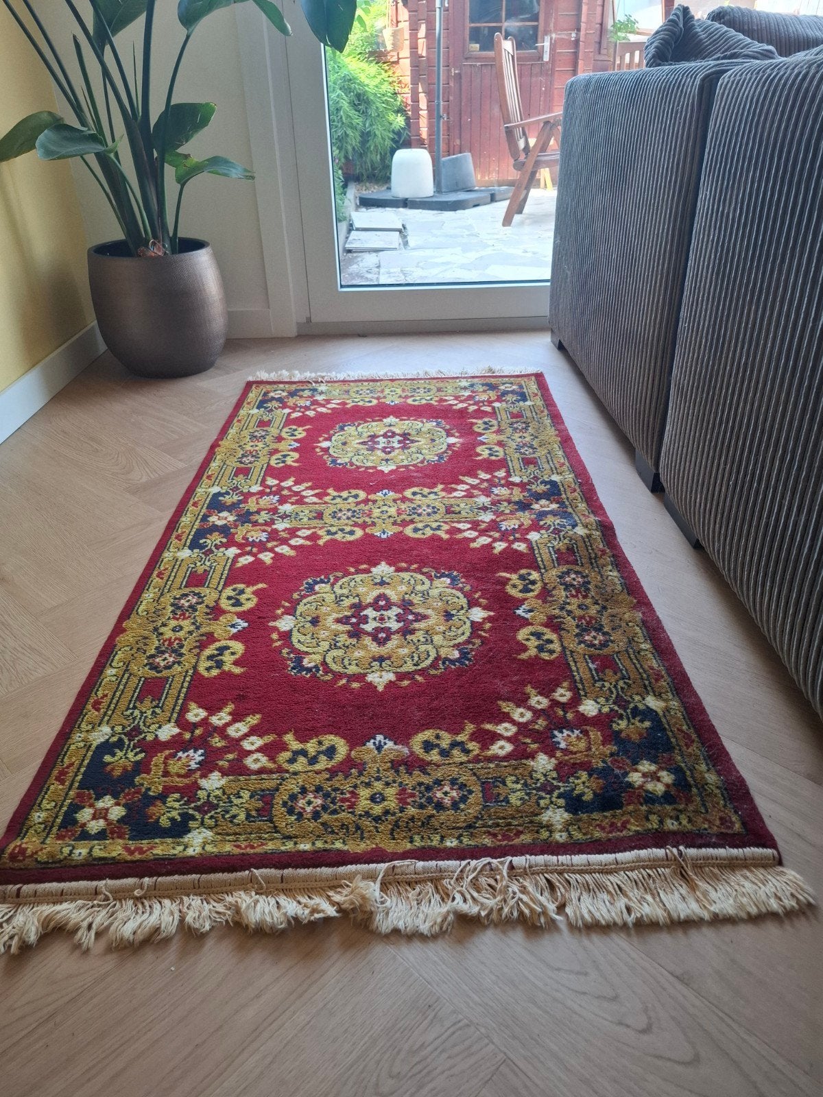 Rood Oosters tapijtje met franjes, Ophalen, Gebruikt, 100 tot 150 cm, Blauw