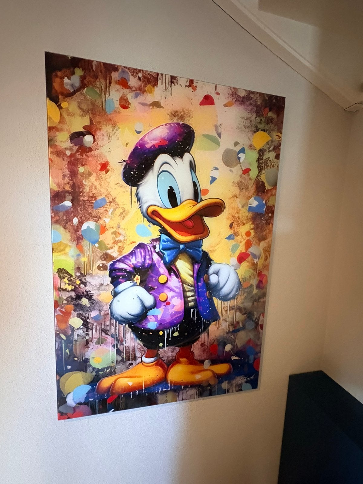 Kleurrijk schilderij van Donald Duck opngehard glas 80x120cm, Ophalen