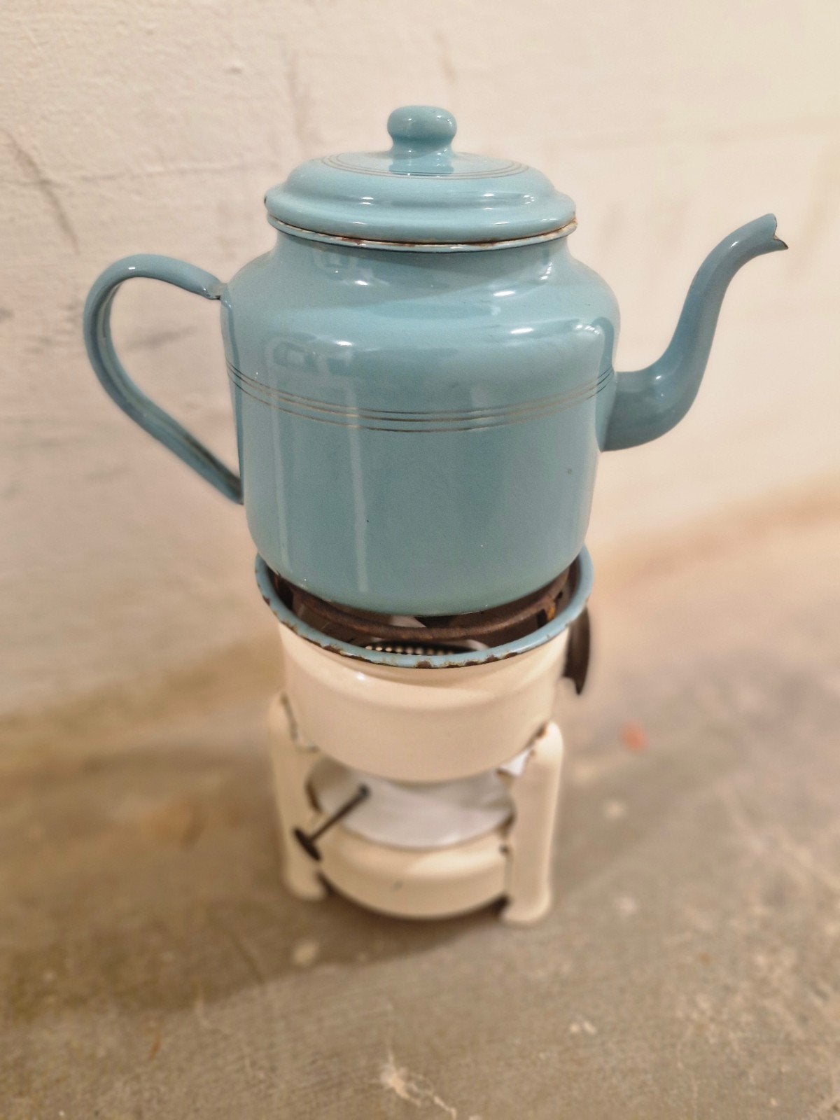 Vintage theepot met rechaud - Lichtblauw geëmailleerd, Ophalen
