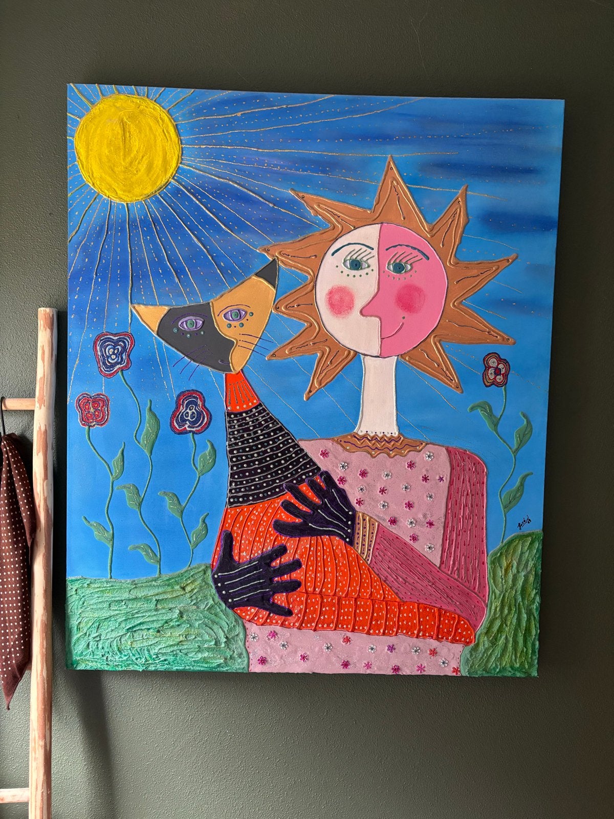 Vrolijk schilderij met zon, vrouw en kat, Antiek en Kunst, Kunst | Schilderijen | Modern, Ophalen, Gesigneerd, Textiel, Figuren