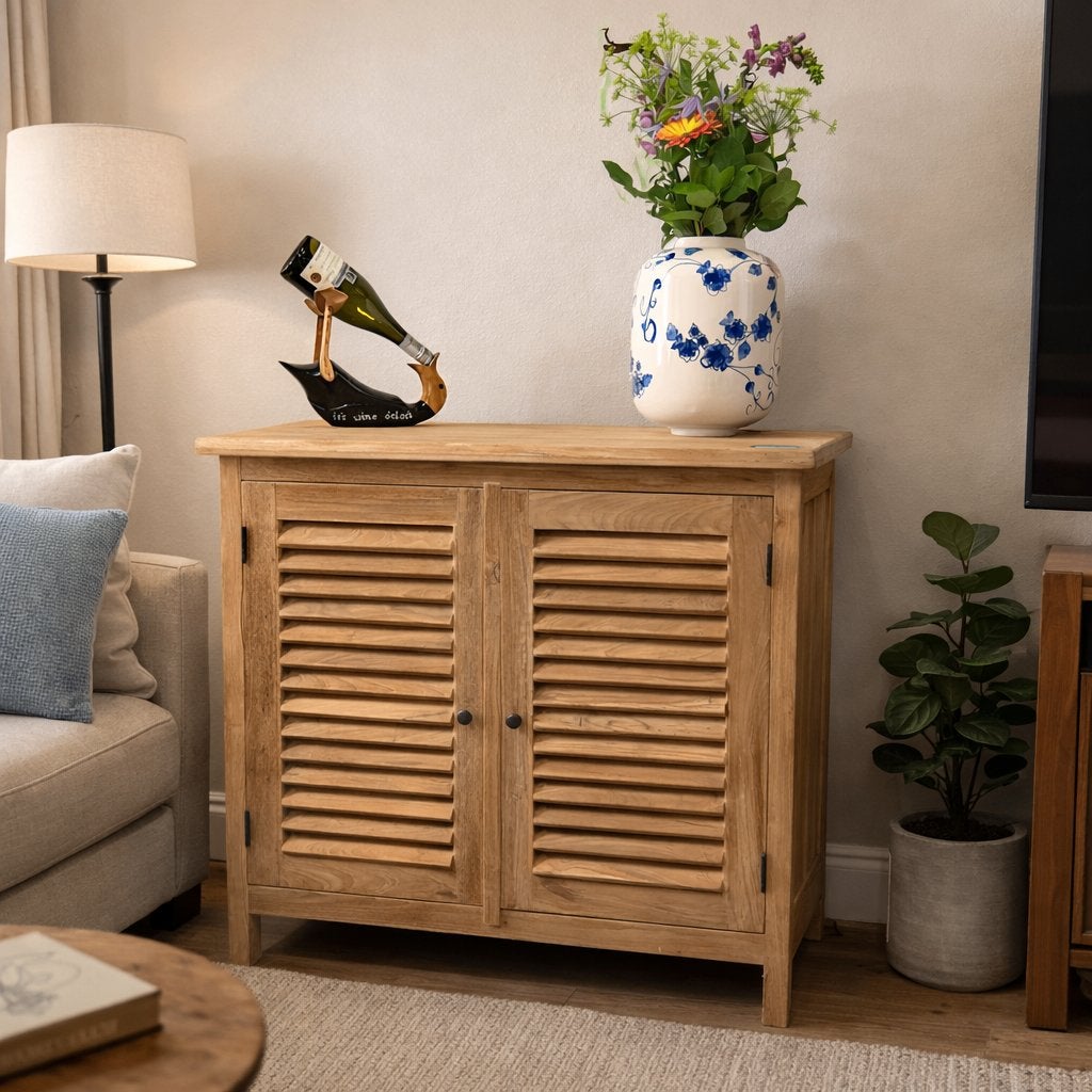 teak dressoir met 2 louvre deuren - Gratis bezorgd, TTM Wonen, Meubels – (Perzische) Tapijten en Woonaccessoires, Met deur(en)