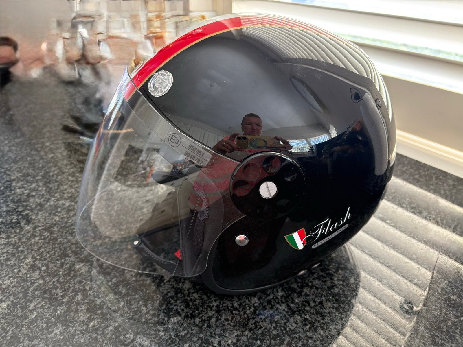 Flash Jethelm - Zwart met Italiaanse strepen, Jethelm, S, Tweedehands, Ophalen