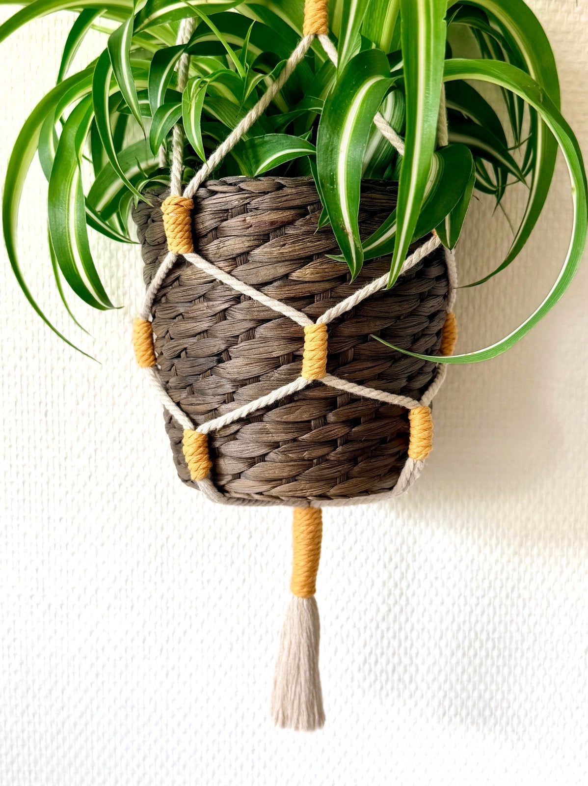 Handgemaakte macramé plantenhanger - beige/geel, Geel, Textiel, Nieuw, Ophalen of Verzenden