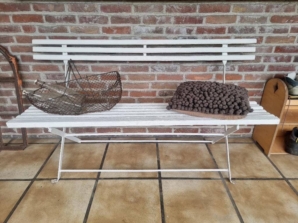 Oud Franse tuinbank wit metalen landelijk tuinbankje 150 cm, Ophalen of Verzenden