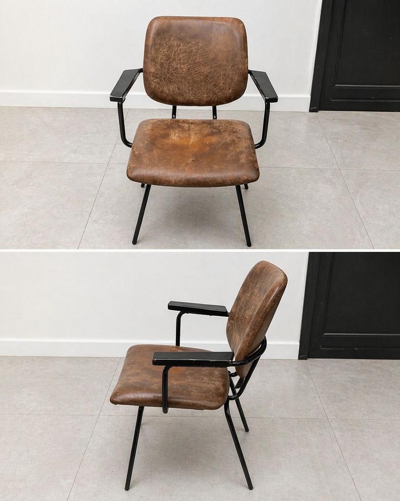 6 Bodilson eetkamerstoelen - Zwart frame, donkerbruin leer, Ophalen, Gebruikt, Bruin, Leer