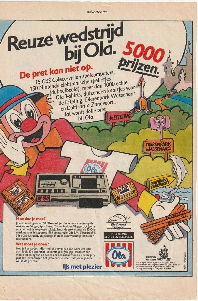 Retro reclame 1984 Ola ijsjes spelcomputer wedstrijd clown, Verzenden, Overige typen