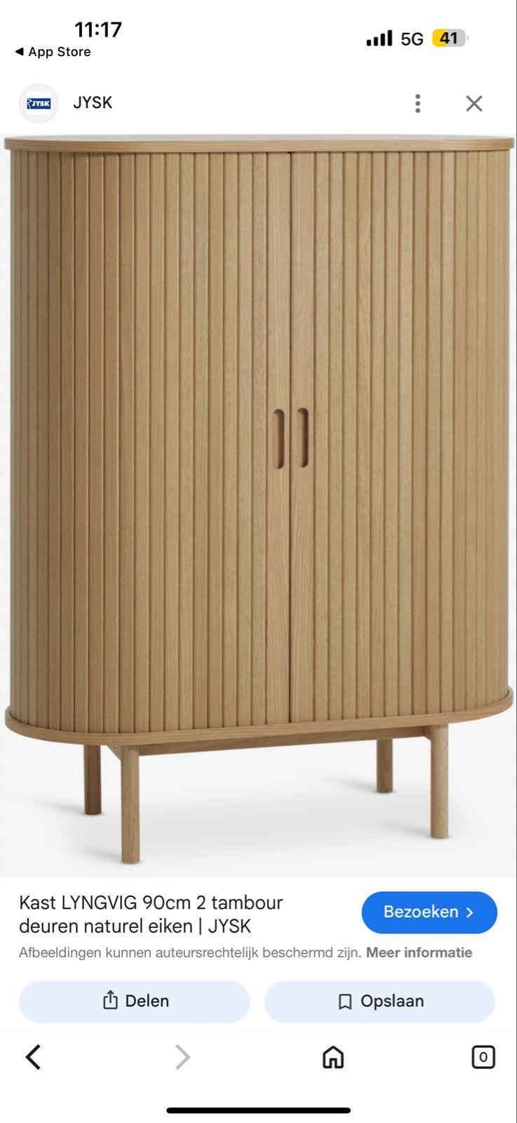 JYSK LYNGVIG Kast 90cm met 2 Tambour Deuren Natuurlijk Eiken, Ophalen of Verzenden, Zo goed als nieuw