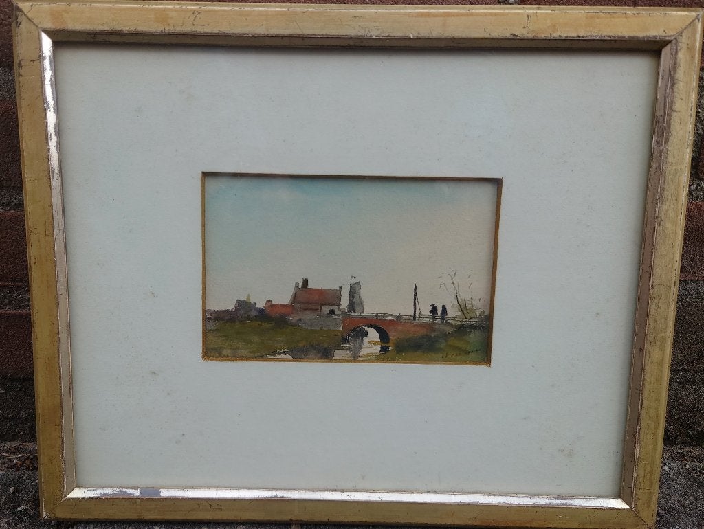 ~1920 aquarel, Hollandse landschap met brug, ges. Neuhaus, Antiek en Kunst, Kunst | Schilderijen | Klassiek, Ophalen of Verzenden