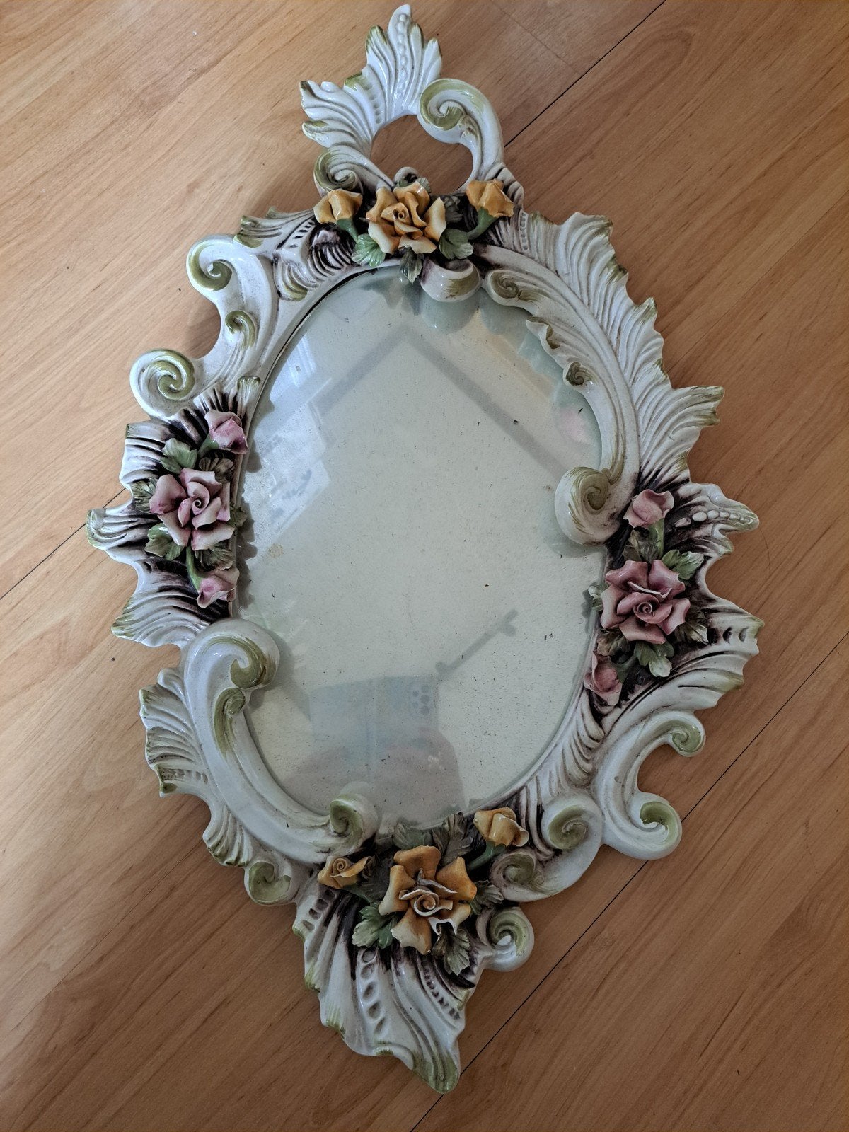 Vintage Barok Spiegel met Rozen Decoratie, Antiek en Kunst, Ophalen of Verzenden, Ovaal, Minder dan 50 cm, Minder dan 100 cm