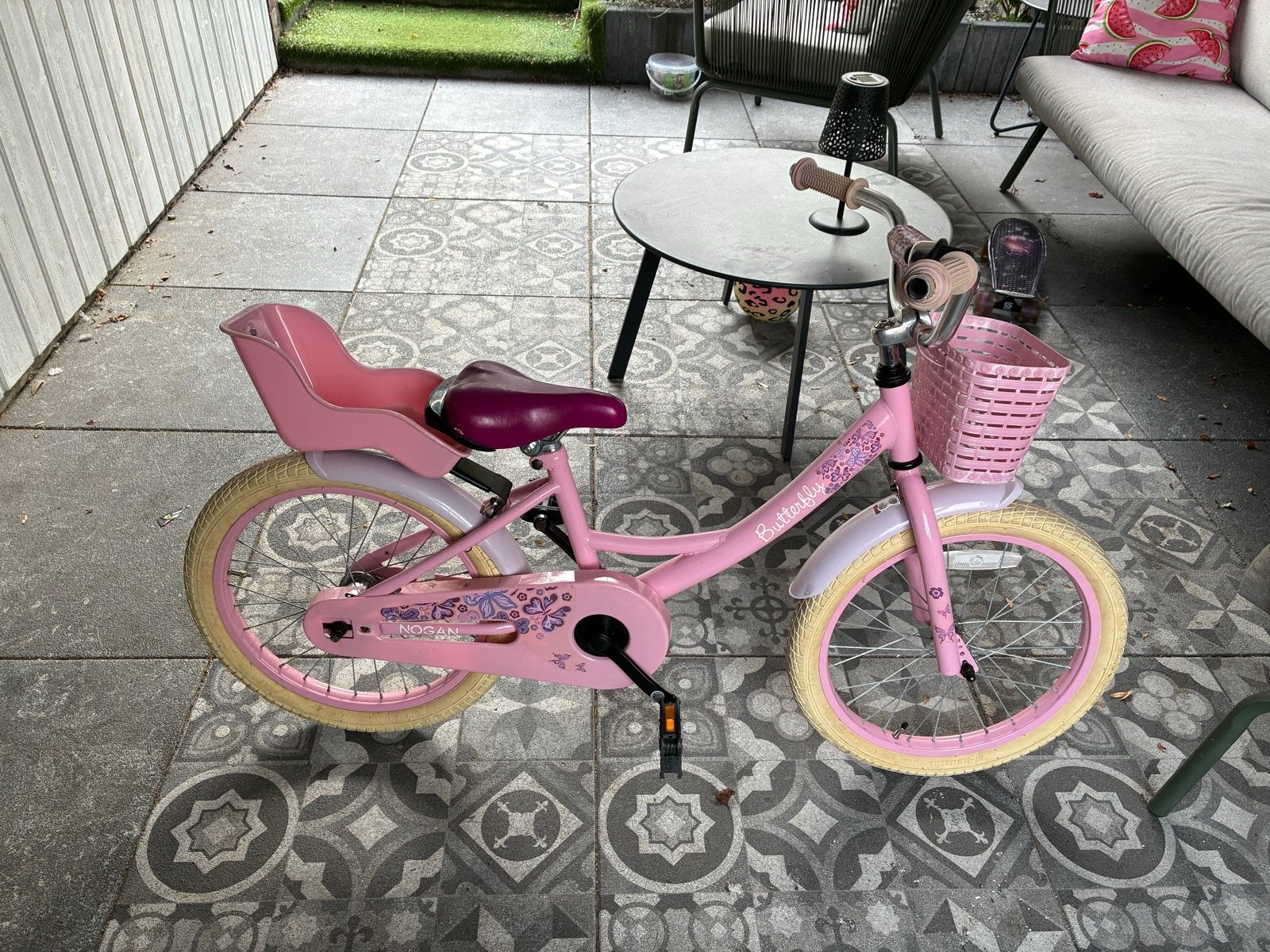 Roze kinderfiets Nogan Butterfly 18 inch, Ophalen, Gebruikt, Terugtraprem, 16 tot 20 inch