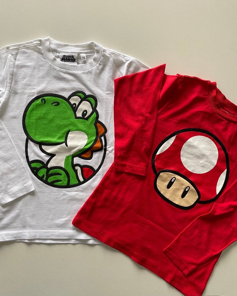 Super Mario Yoshi & Toad shirts, maat 7–8 jaar (128 cm) set, Super Mario, Ophalen of Verzenden, Zo goed als nieuw, Shirt of Longsleeve
