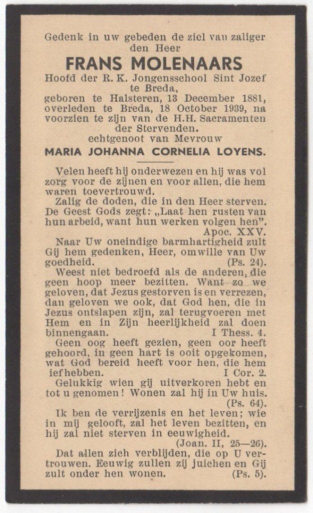Frans Molenaars 1881 Halsteren + 1939 Breda, 57 jaar, Verzenden