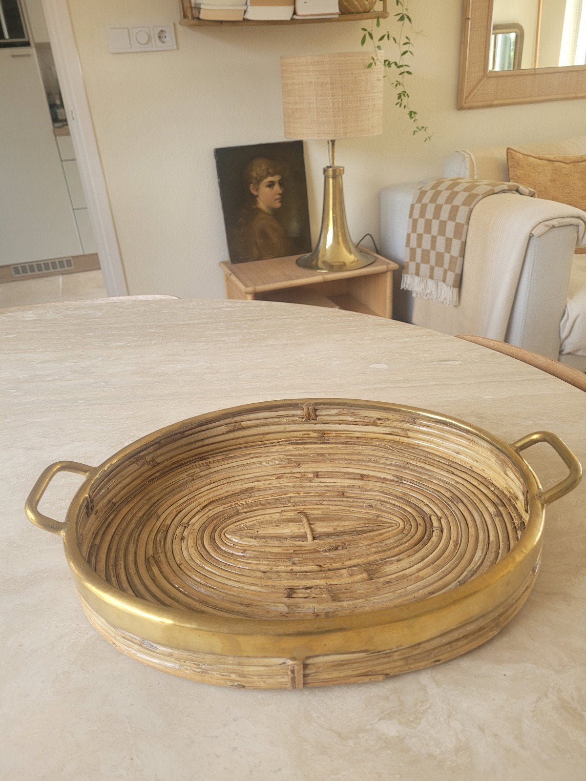 vintage bamboe rotan messing dienblad tray, Huis en Inrichting, Verzenden, Rechthoekig