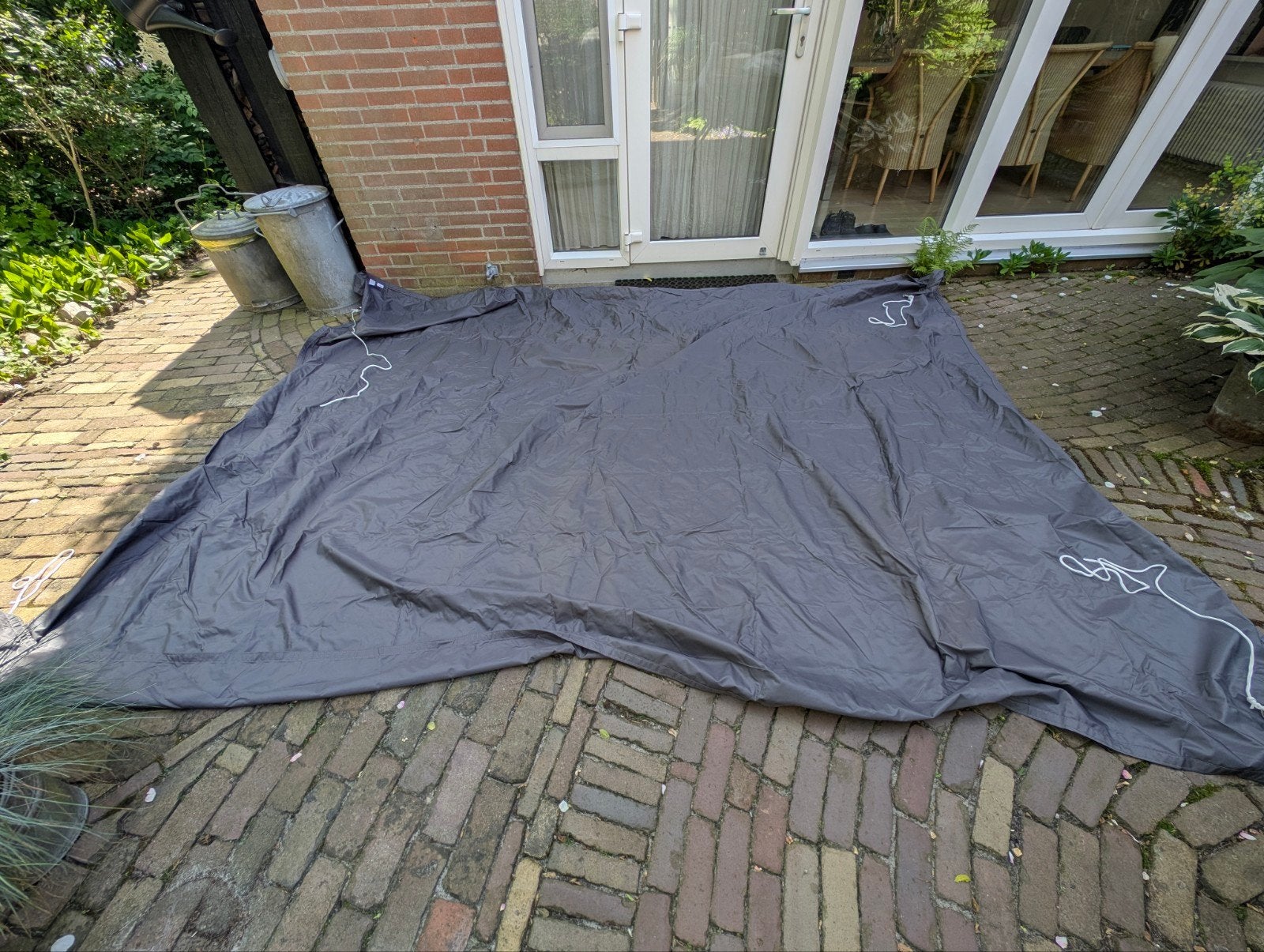Schaduwdoeken: 1 rechthoek antraciet, 2 driehoek grijs, Ophalen of Verzenden, Gebruikt