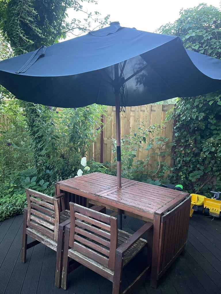 Tuintafel set met parasol, Tuin en Terras, Tuintafels, Ophalen, Gebruikt, Rechthoekig, Hout