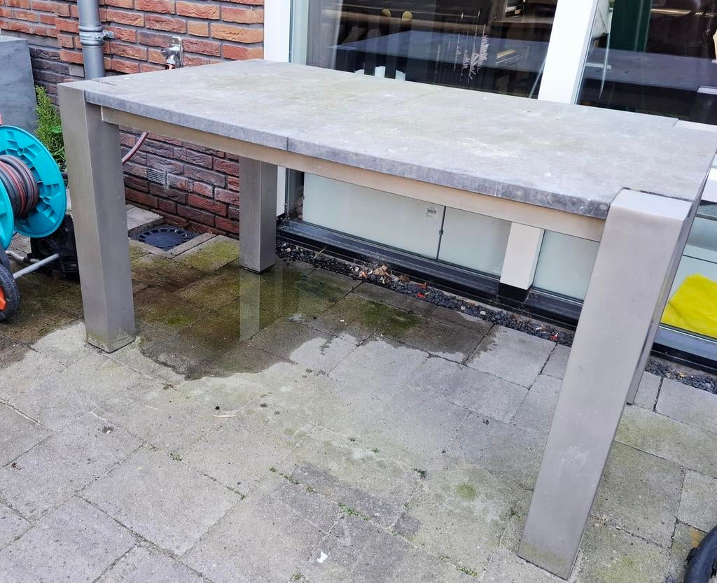 Tuintafel hardsteen, RVS onderstel 80x140cm - moet snel weg!, Ophalen, Gebruikt, Rechthoekig, Rvs