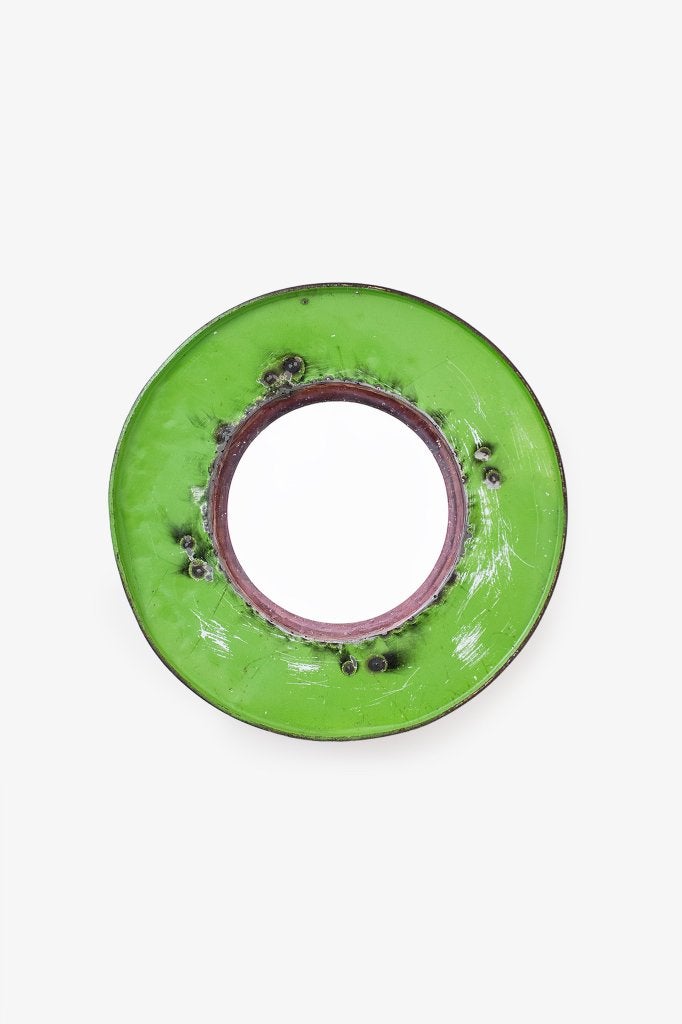 Handgemaakte ronde metalen spiegel groen met rood India Azië, Ophalen, Gebruikt, Rond, X