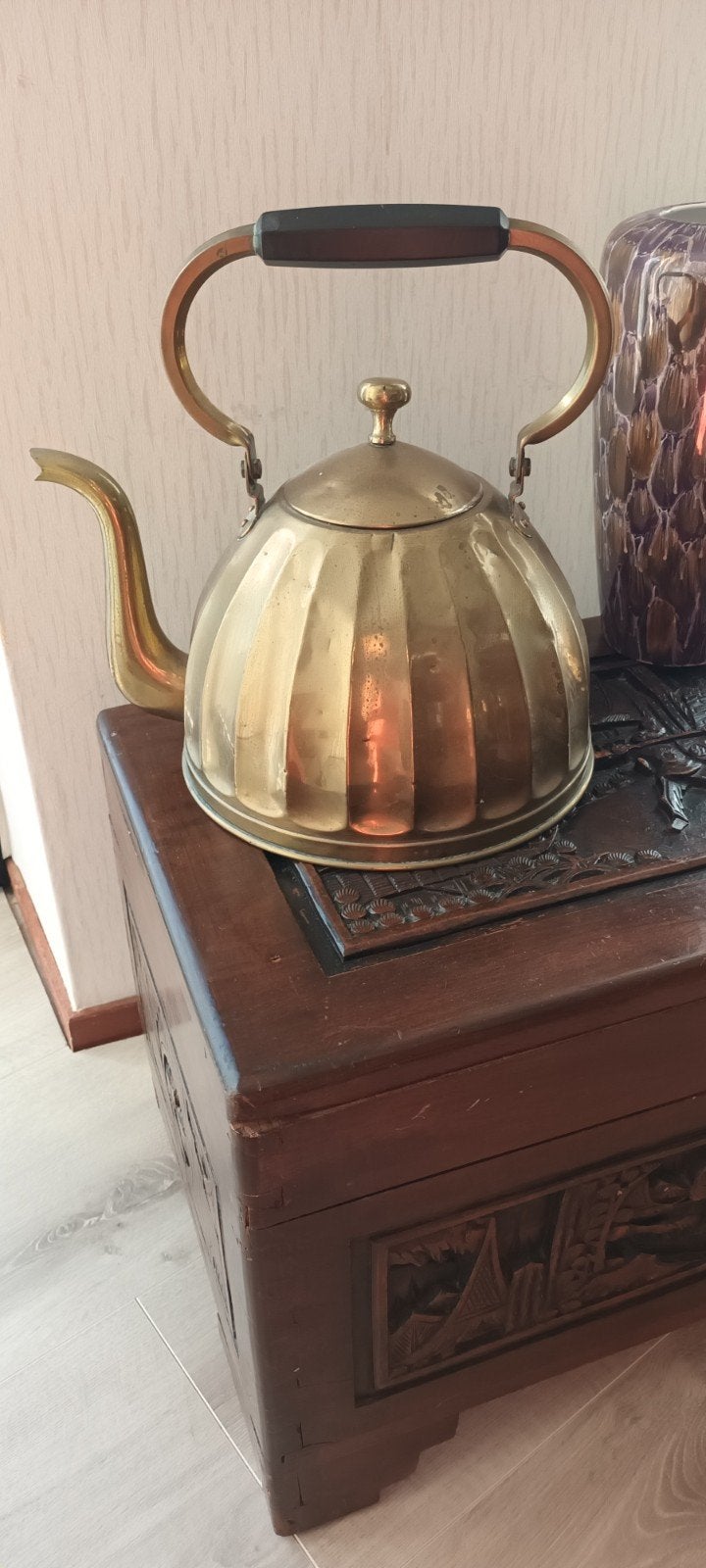 Antieke Koperen Theeketel met Houten Handvat, Ophalen of Verzenden, Koper