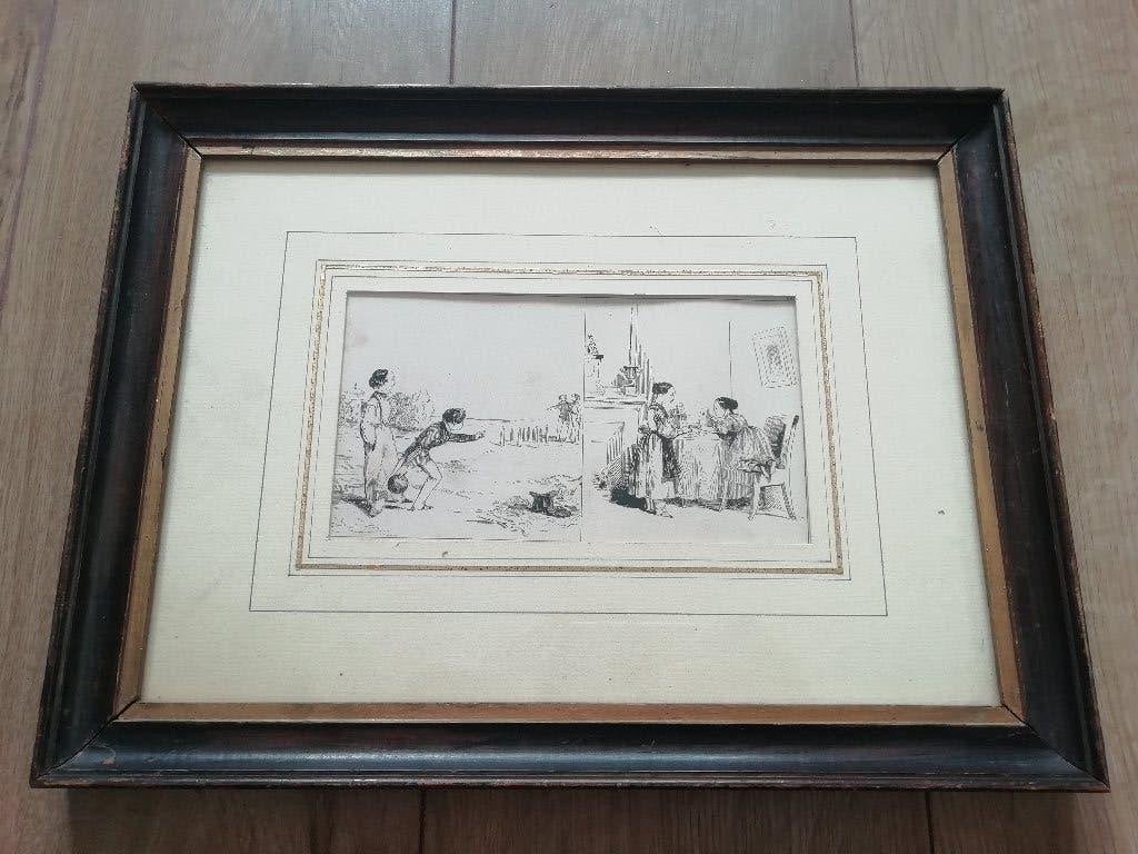 Antieke ets/gravure in lijstje achter dun glas, Antiek en Kunst, Ophalen, Dagelijks leven, 1800 - 1899, Ingelijst