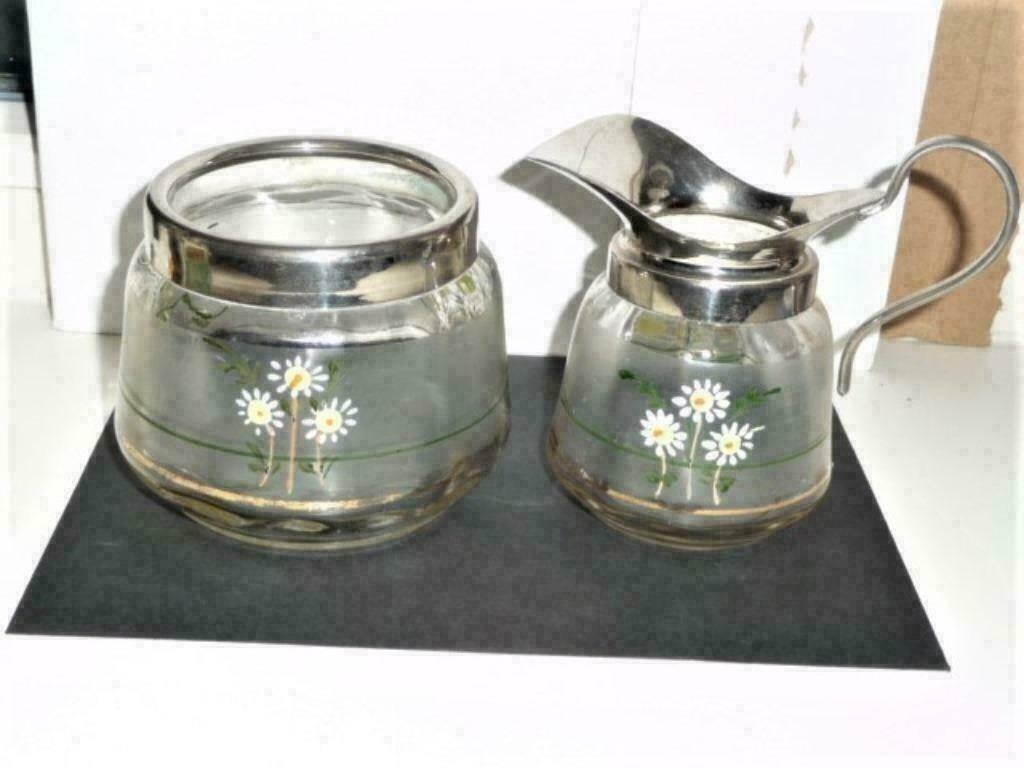antiek glazen melk en suiker stel jaren 20, nikkel VINTAGE, Antiek en Kunst, Verzenden