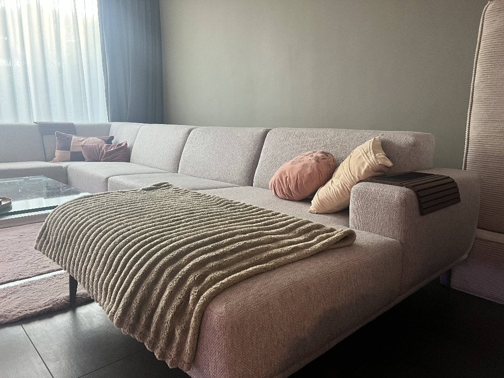 Enzo Luca Naso design U-bank (lichtgrijs)(nieuwprijs €7.600), Ophalen, Gebruikt, Hoekbank, 300 cm of meer
